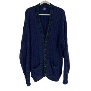 Gap Men’s Size L Navy Blue Green V-Neck Button Cardigan Sweater Grandpa FLAW